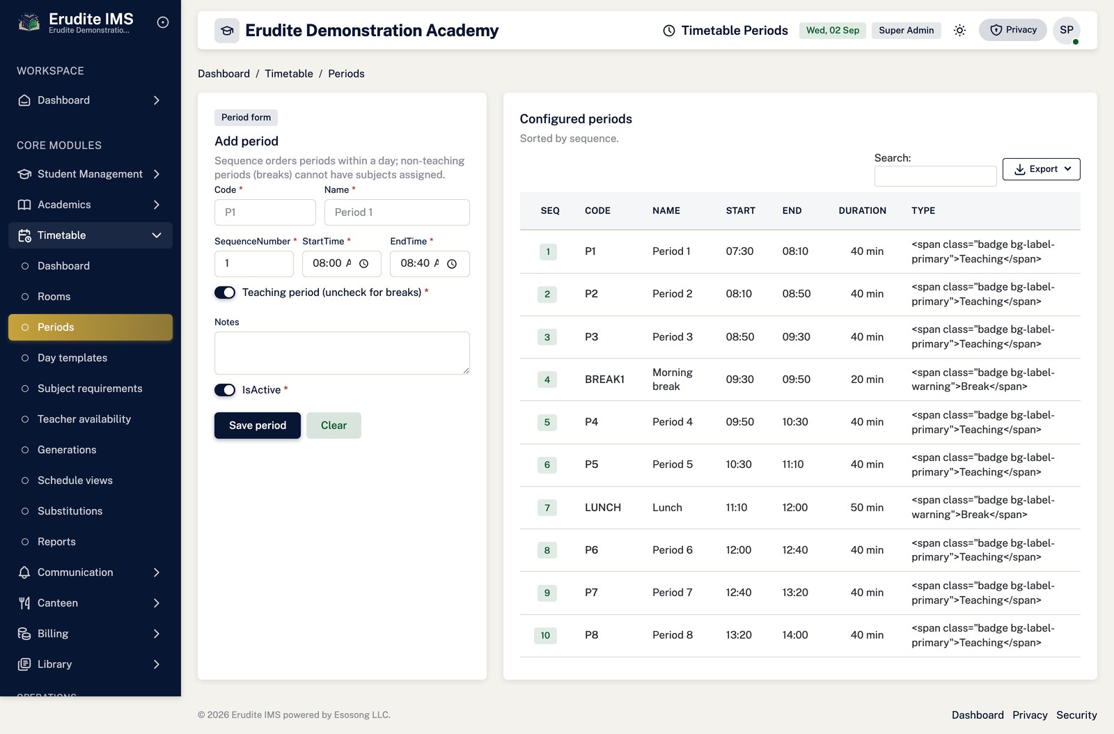 Timetable Setup periods screen